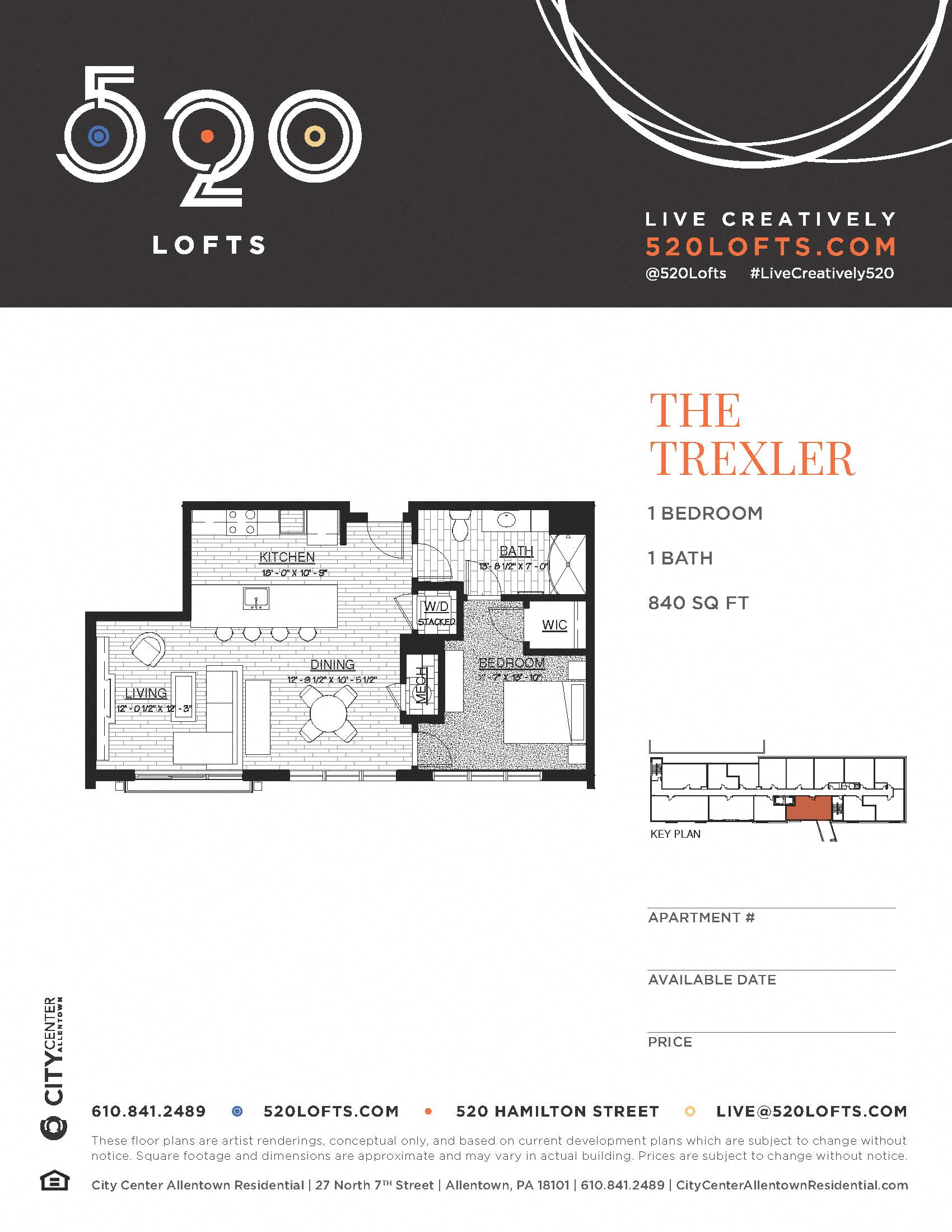Floor plan for 1 bed, 1 bath, 840 sqft